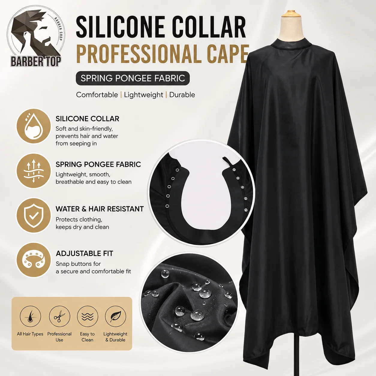 Black Barber Cape with Silicone Neckline and Hidden Buckle